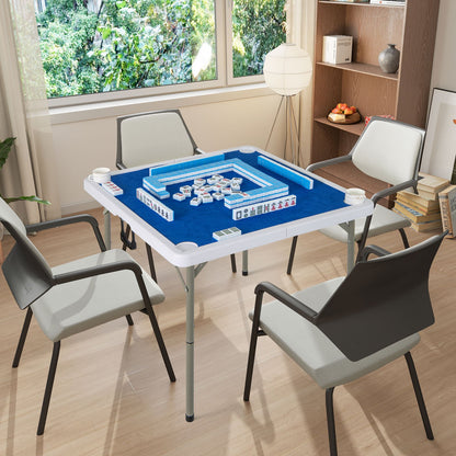 35 Inch 4 Player Game Card Folding Mahjong Table with Cup Holders-Blue
