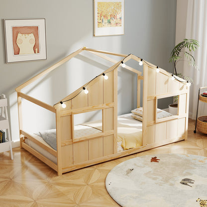 Twin Size House Bed with LED Lights Montessori Slat-free Floor Bed-Grey