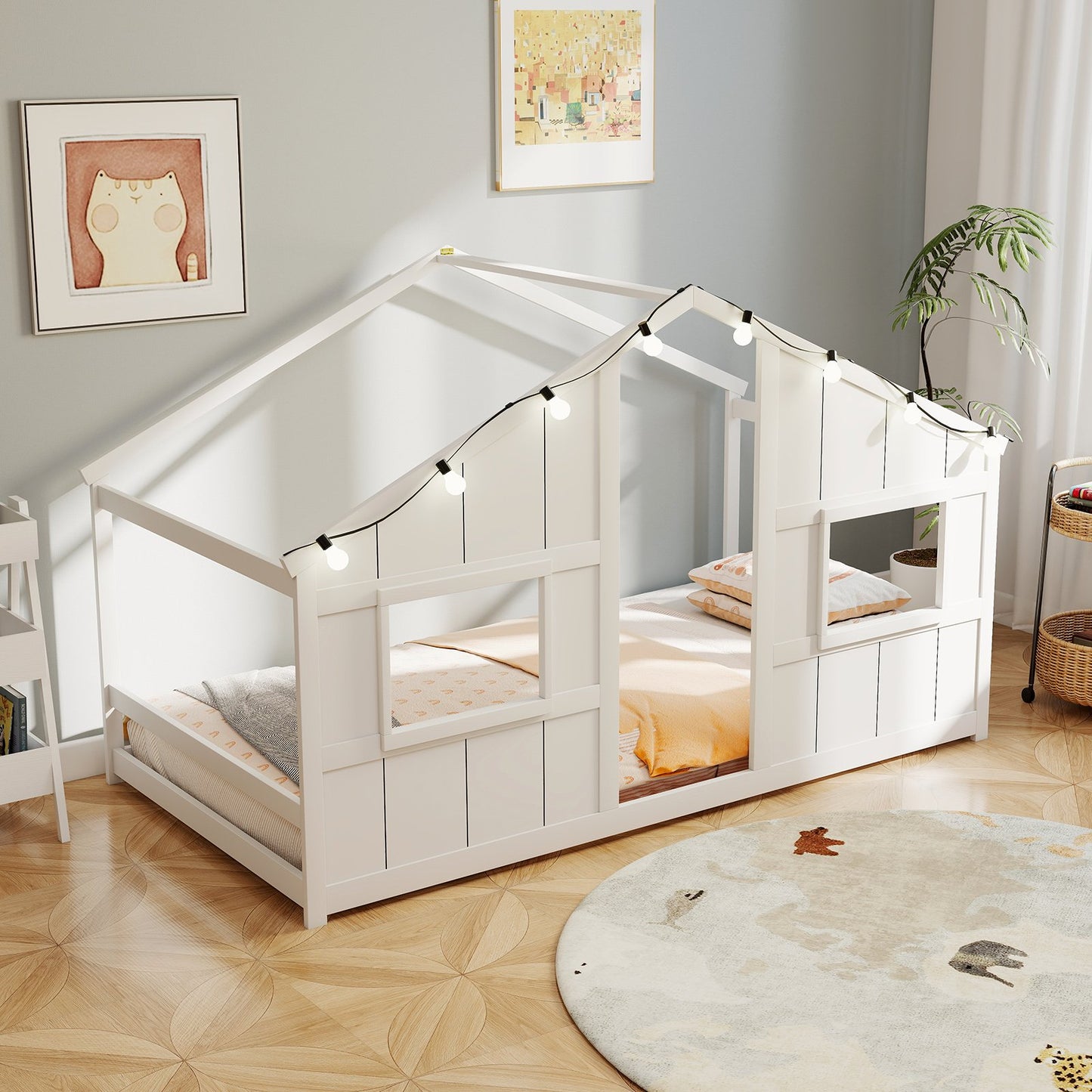 Twin Size House Bed with LED Lights Montessori Slat-free Floor Bed-Grey