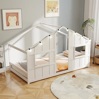 Twin Size House Bed with LED Lights Montessori Slat-free Floor Bed-Grey