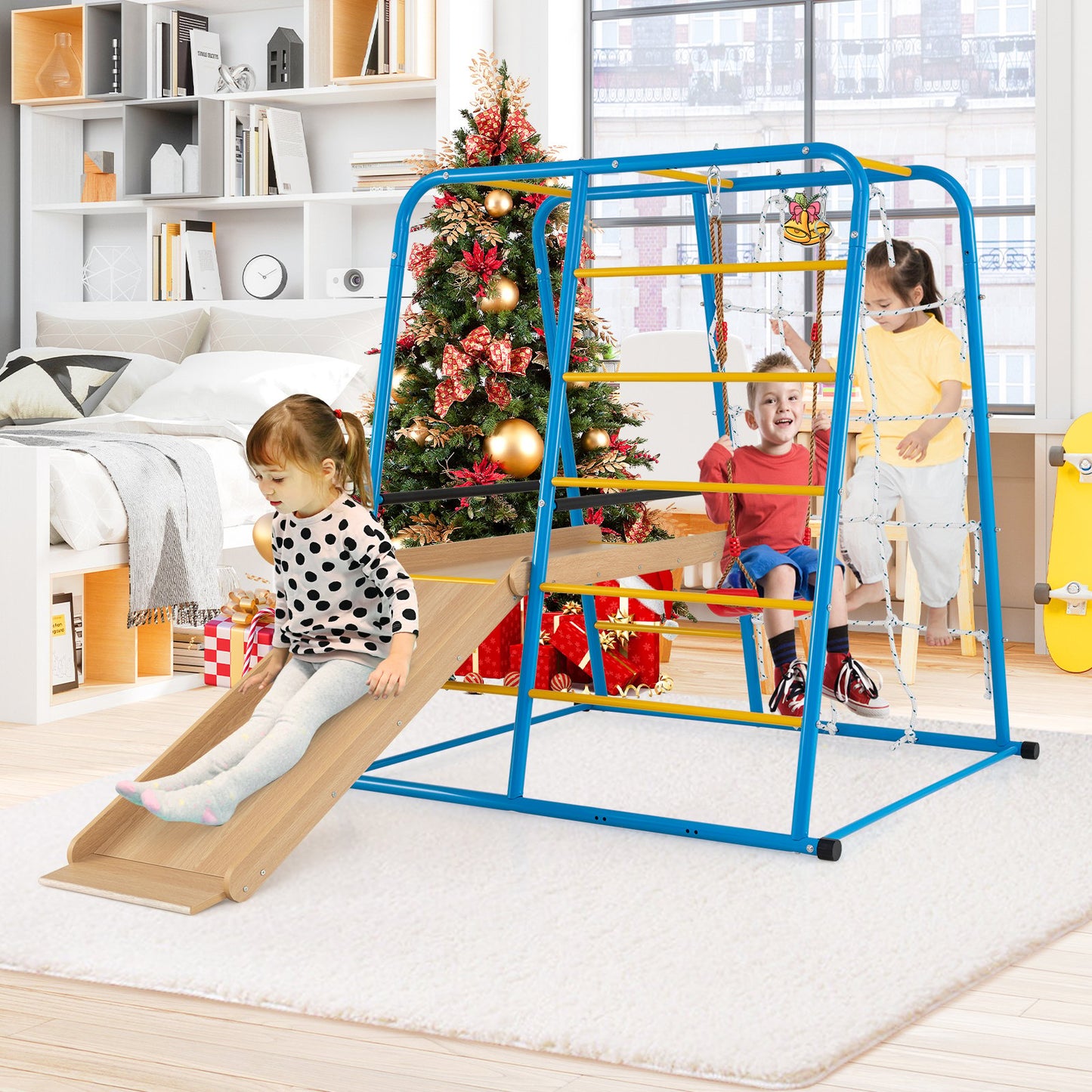 6-in-1 Indoor Jungle Gym with Slide for Boys and Girls 3+ Years Old-Blue