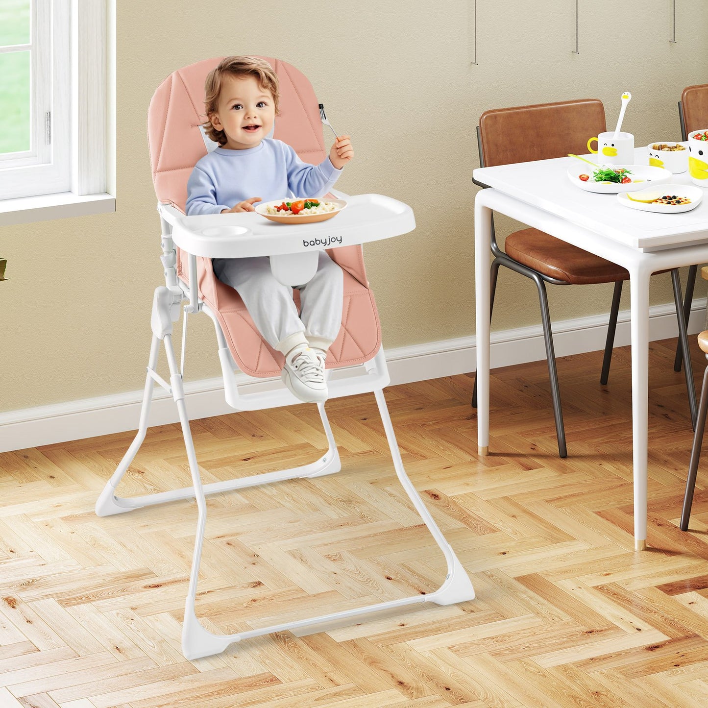 Easy Clean Compact Highchair with Removable Adjustable Tray and PU Seat Cushion-Gray