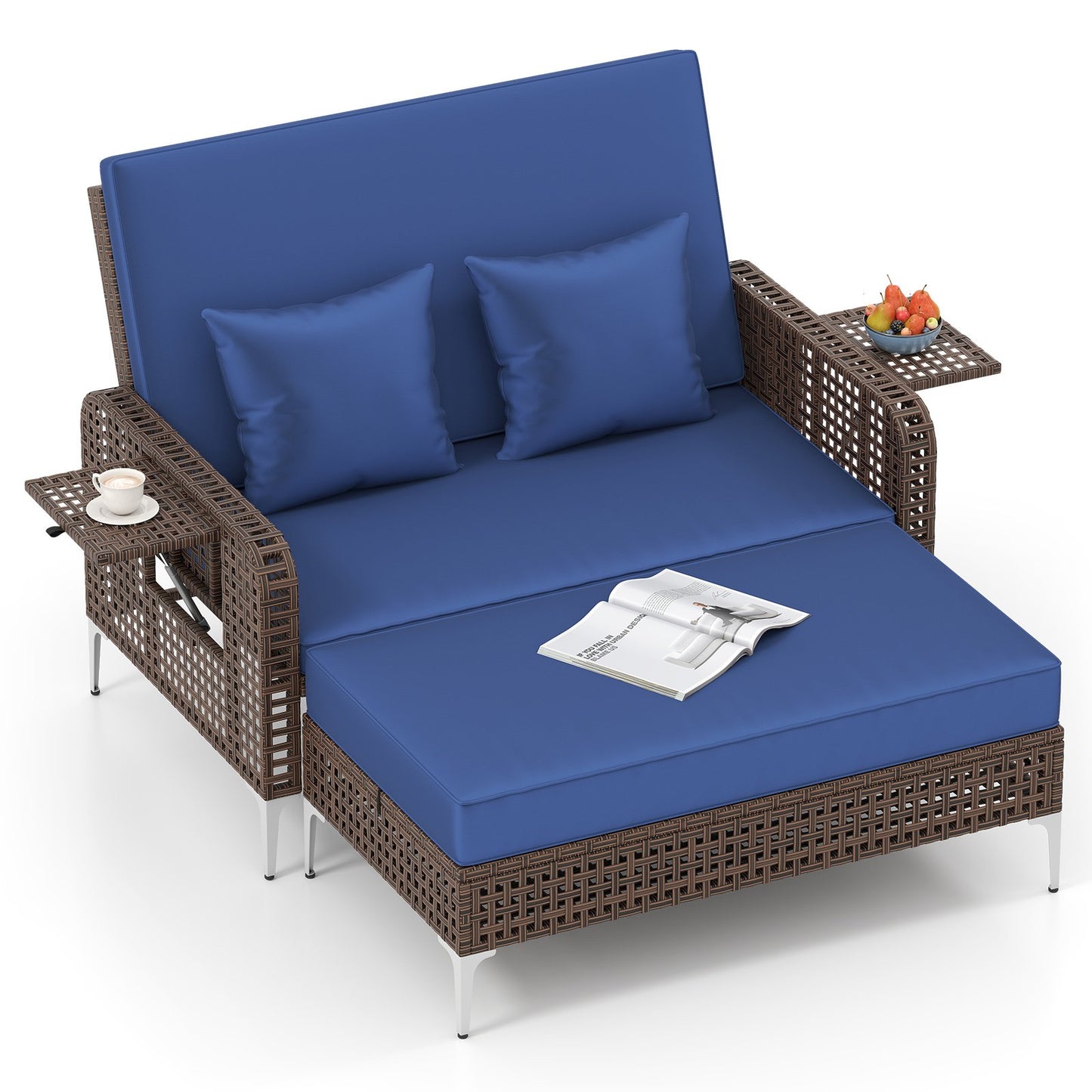 2 Piece Patio Rattan Daybed Wicker Loveseat and Ottoman with Adjustable Backrest-Brown
