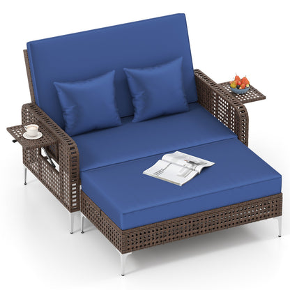 2 Piece Patio Rattan Daybed Wicker Loveseat and Ottoman with Adjustable Backrest-Brown