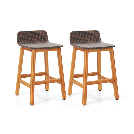 Solid Acacia Wood Bar Stools Set of 2 with Backrests and Footrests for Porch-Brown