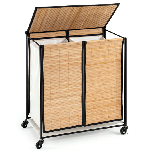 Natural wood laundry hamper with lid, two-section design, lockable wheels, 18.5 gallons capacity, ideal for laundry storage.