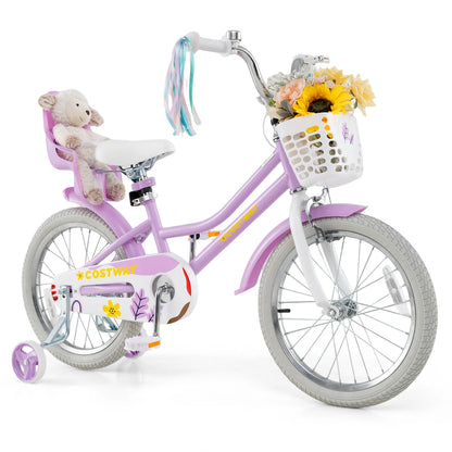 18-inch girls bike by Wilsons Home Store with doll seat and streamers, ideal for children aged 4 to 8 years old.