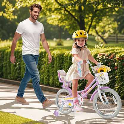 18-inch girls bike for kids with doll seat and streamers, ideal for children aged 4-8, from Wilsons Home Store.