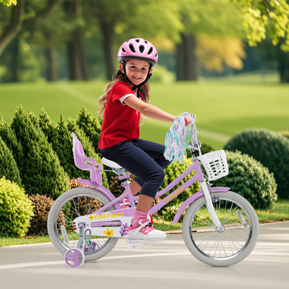 18-inch girls bike for kids with doll seat and streamers, ideal for children aged 4-8, by Wilsons Home Store.
