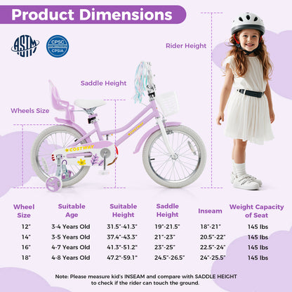 18-inch girls bike by Wilsons Home Store with doll seat and streamers, designed for children aged 4 to 8 years old.