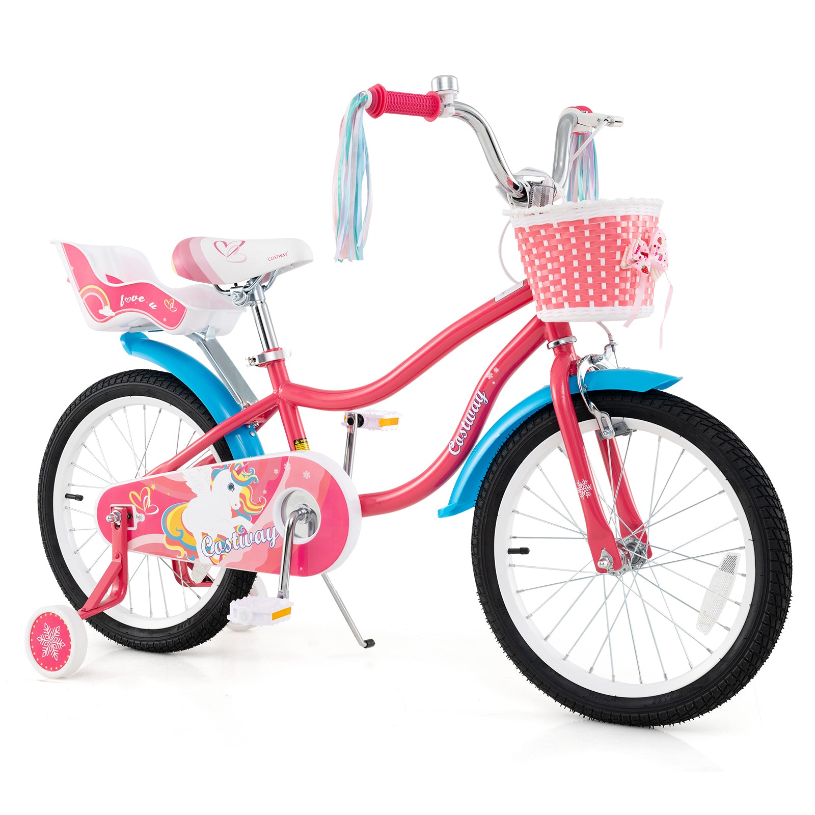 18-inch girls bike for ages 3-5 with doll seat and training wheels, featuring colorful frame and adjustable handlebars.