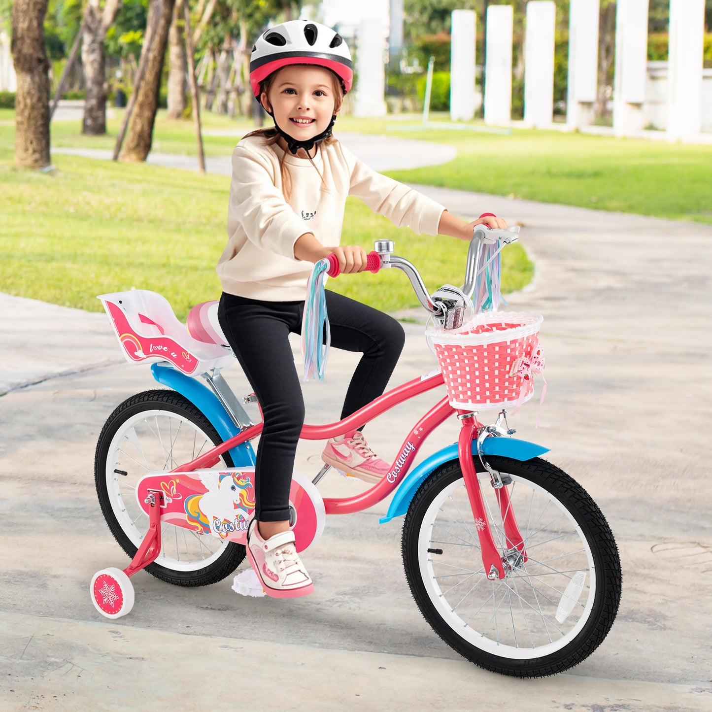 18-inch girls bike for ages 3-5 with doll seat and training wheels, perfect for young kids' ride-on fun.