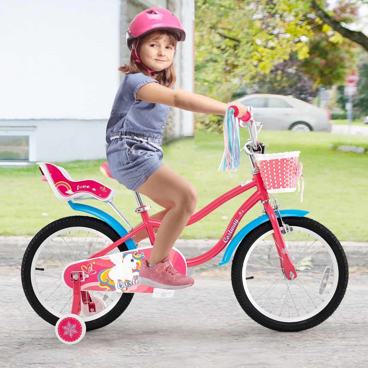 18-inch girls' bike for kids aged 3-5 with doll seat and training wheels, featuring bright pink frame and easy-to-ride design.