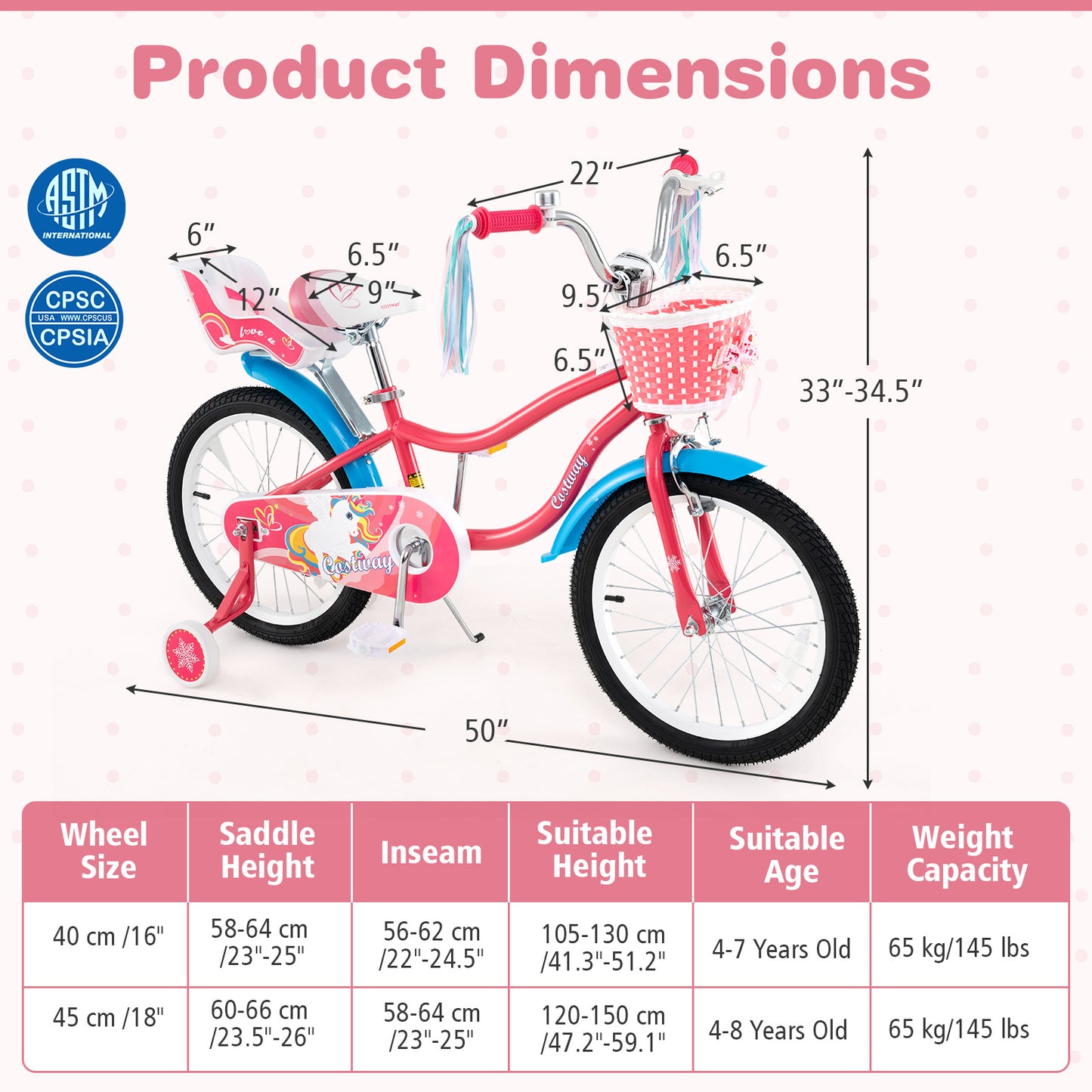 18-inch girls' bike for ages 3-5 with doll seat and training wheels, featuring colorful design and sturdy frame for young kids.