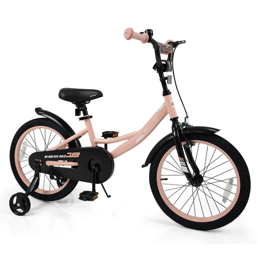 Pink 18-inch kids bike with adjustable seat and removable training wheels for children aged 3-8 years, suitable for beginner riders.