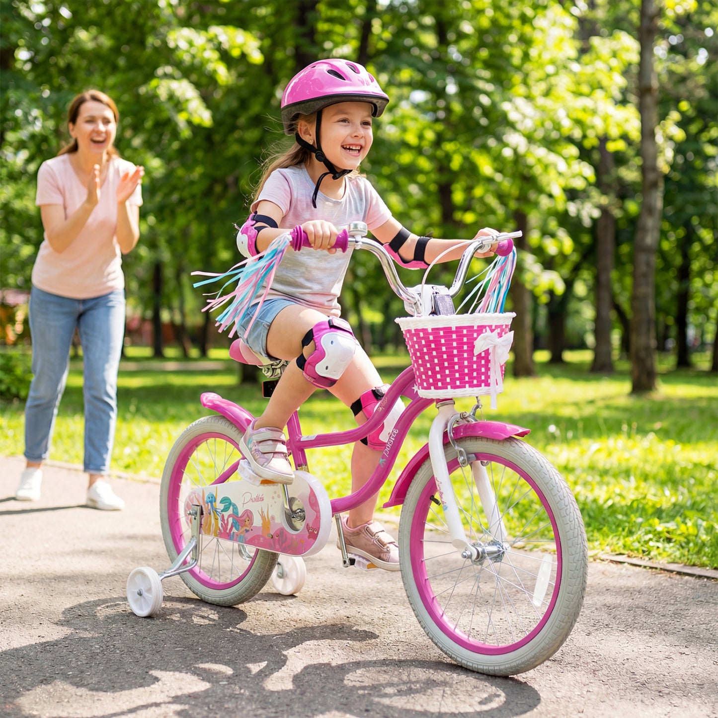 14-Inch Kids Bike Adjustable with Basket and Streamers Rose Red - Princess of the Sea Theme