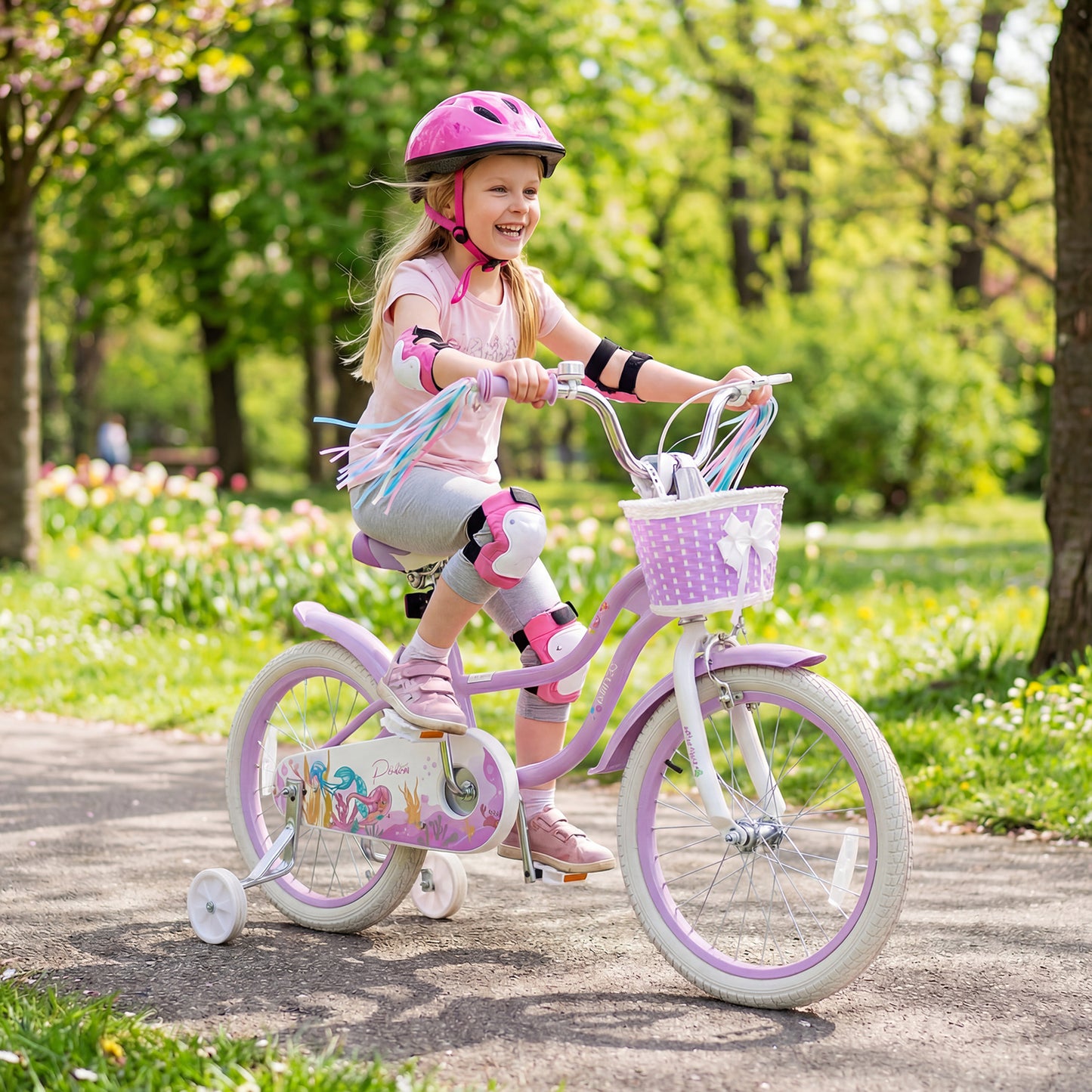 18-Inch Kids Bike Adjustable with Basket and Streamers Purple - Princess of the Sea Theme