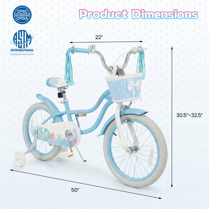 18 Inch Kids Bike Adjustable with Basket and Streamers Blue for Kids Aged 4-8 Years Old - Princess of the Sea Theme