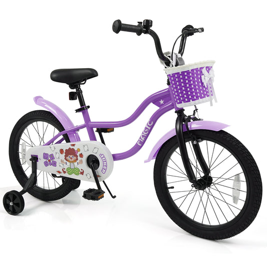 18-inch kids bike with training wheels in magic purple, ideal for children aged 3-8, featuring a sturdy frame and colorful design.