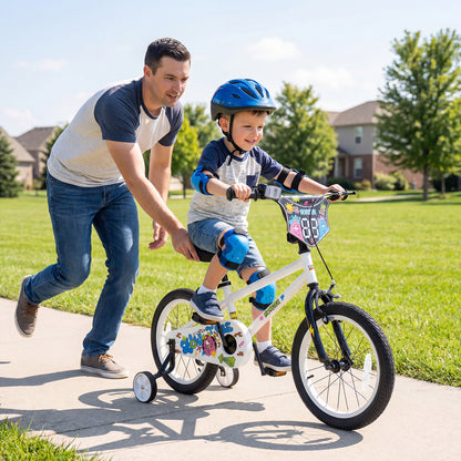 18 Inch Kids Bike with Training Wheels for Ages 4-8 Years Old White- Street Art Time