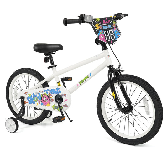 18 Inch Kids Bike with Training Wheels for Ages 4-8 Years Old White- Street Art Time
