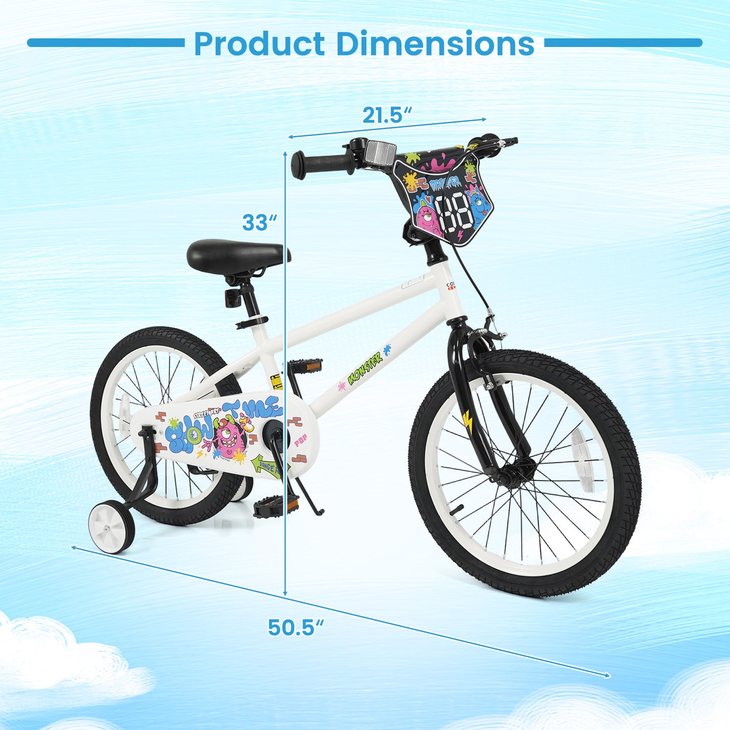 18 Inch Kids Bike with Training Wheels for Ages 4-8 Years Old White- Street Art Time