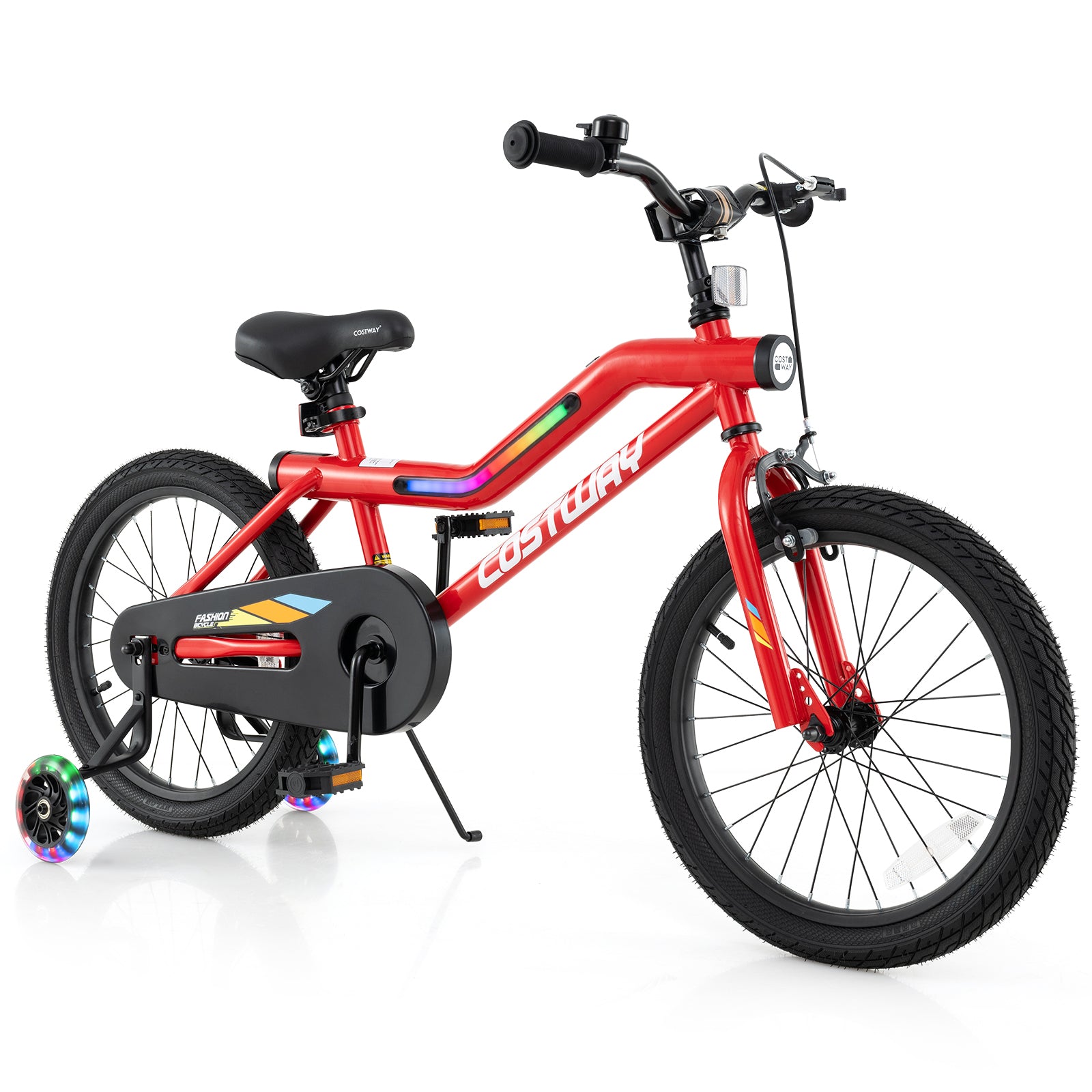 18-inch kids bike with LED lights, adjustable frame, made of carbon steel, suitable for children aged 4-8 years old.
