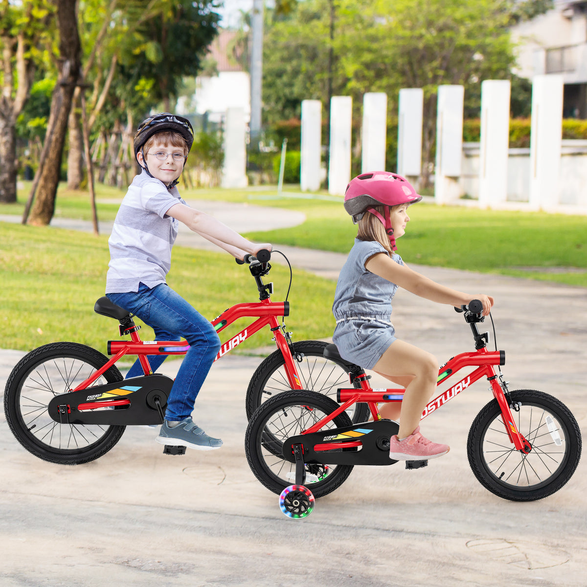 18-inch kids bike with LED lights, adjustable carbon steel frame, designed for children aged 4-8 years.