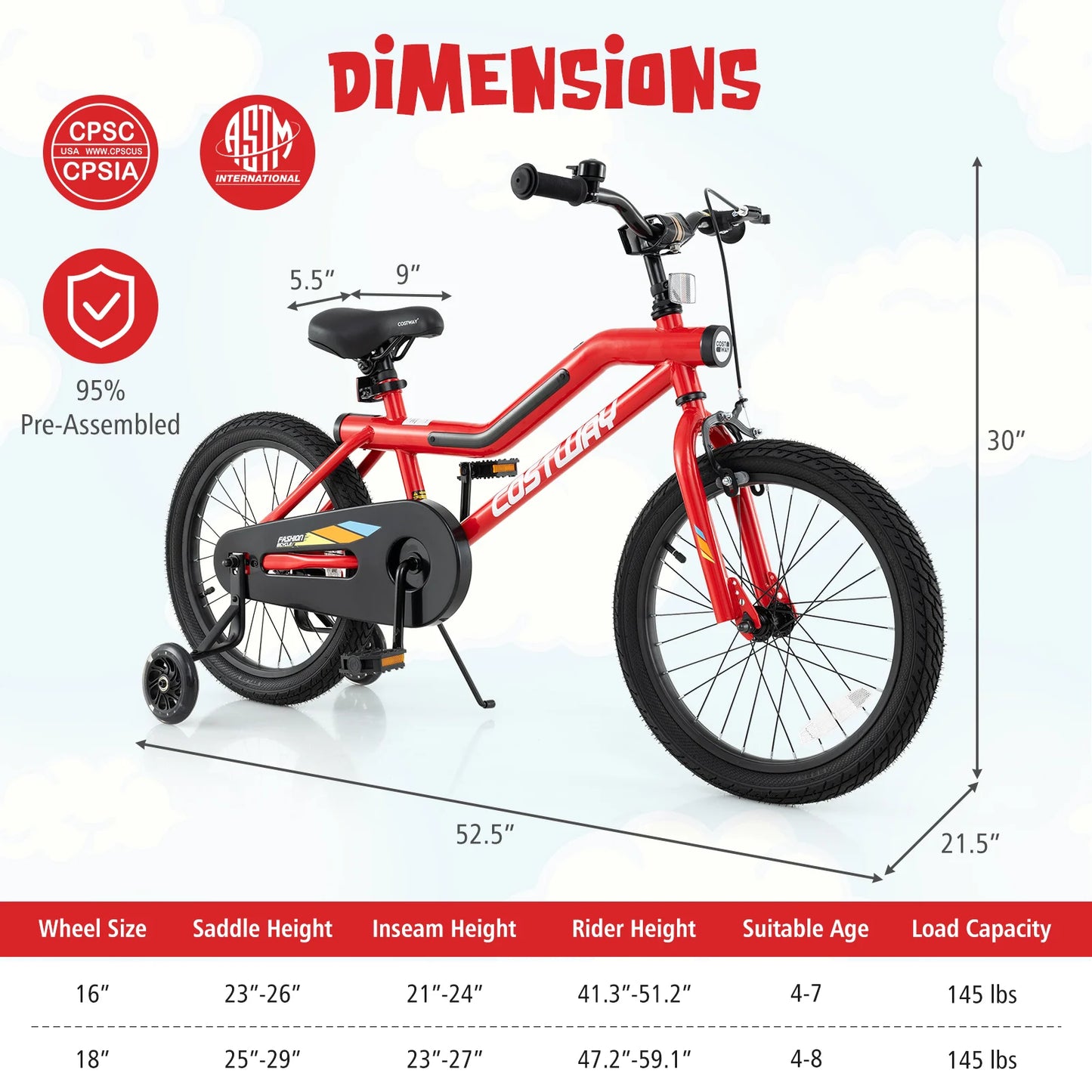 18-inch kids bike with LED lights and adjustable carbon steel frame, suitable for children aged 4 to 8 years old.