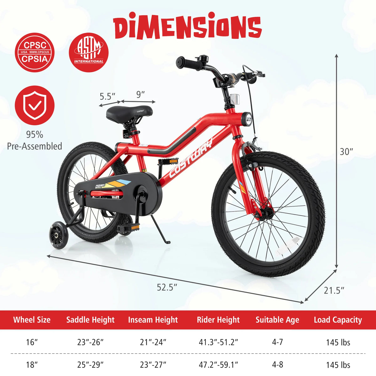 18-inch kids bike with LED lights and adjustable carbon steel frame, suitable for children aged 4 to 8 years old.