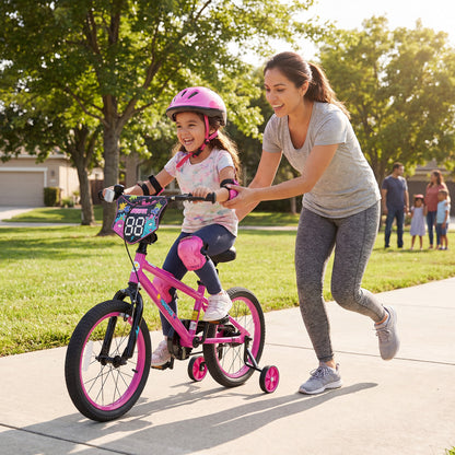 18 Inch Kids Bike with Training Wheels for Ages 4-8 Years Old Pink- Street Art Time