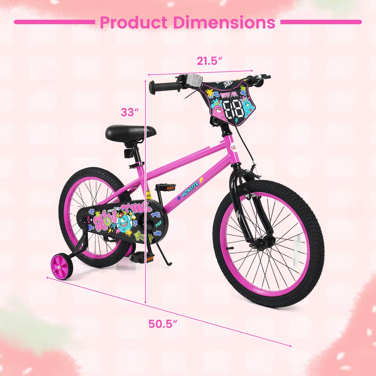 18 Inch Kids Bike with Training Wheels for Ages 4-8 Years Old Pink- Street Art Time