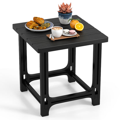 Black 18-inch outdoor Adirondack side table with slatted surface, perfect for patio or outdoor space.