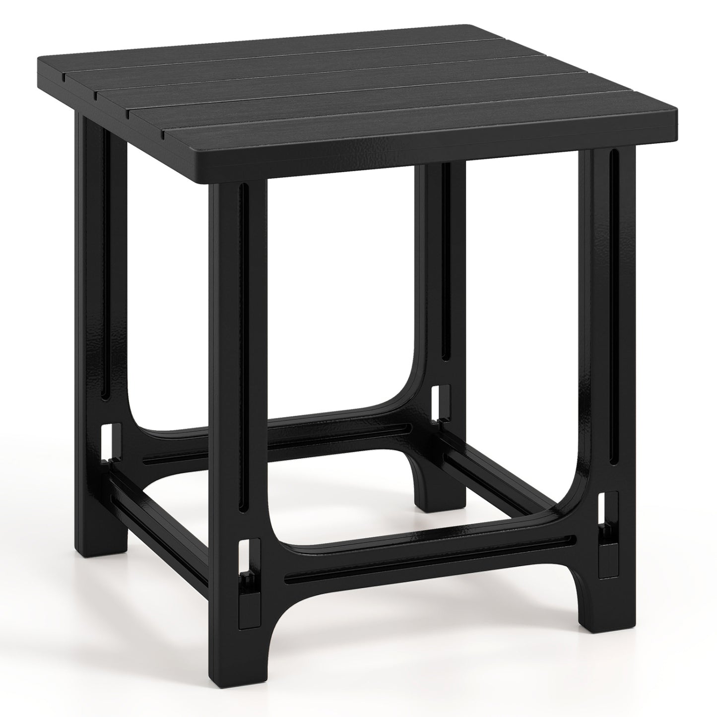 Black 18-inch outdoor Adirondack side table with slatted surface, perfect for patio or outdoor seating areas.