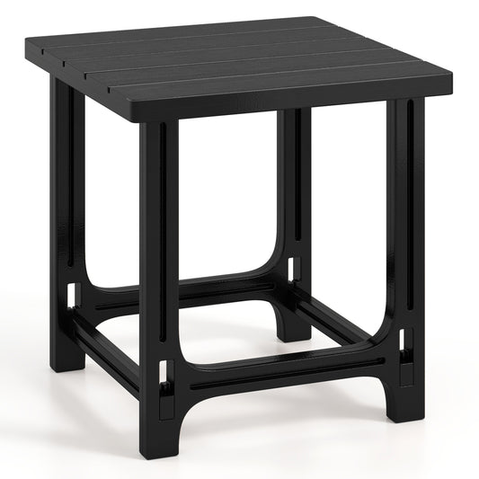 Black 18-inch outdoor Adirondack side table with slatted surface, perfect for patio or outdoor seating areas.