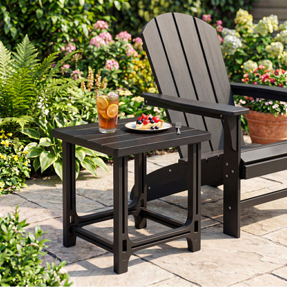 Black 18-inch outdoor Adirondack side table with slatted surface, perfect for patio and outdoor furniture setups.