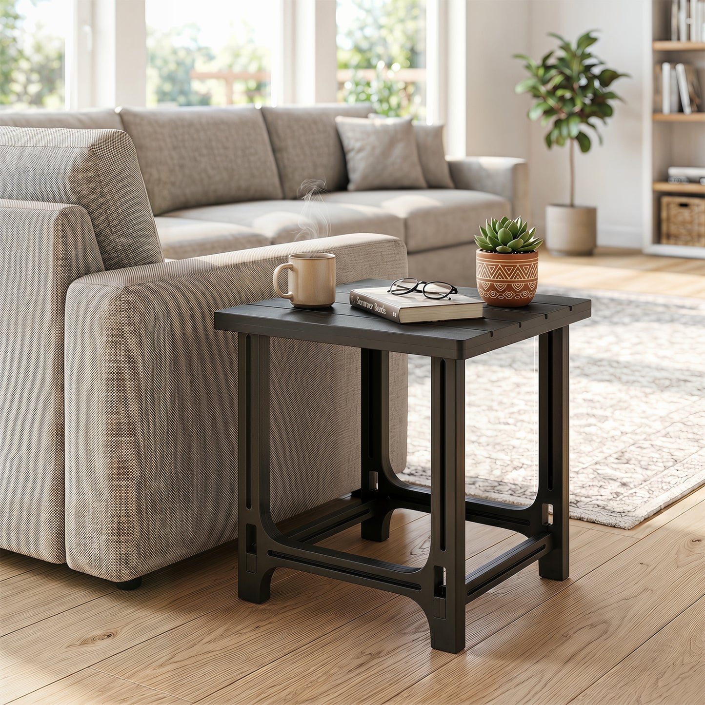 Black 18-inch outdoor Adirondack side table with slatted surface, ideal for patio or outdoor seating areas.
