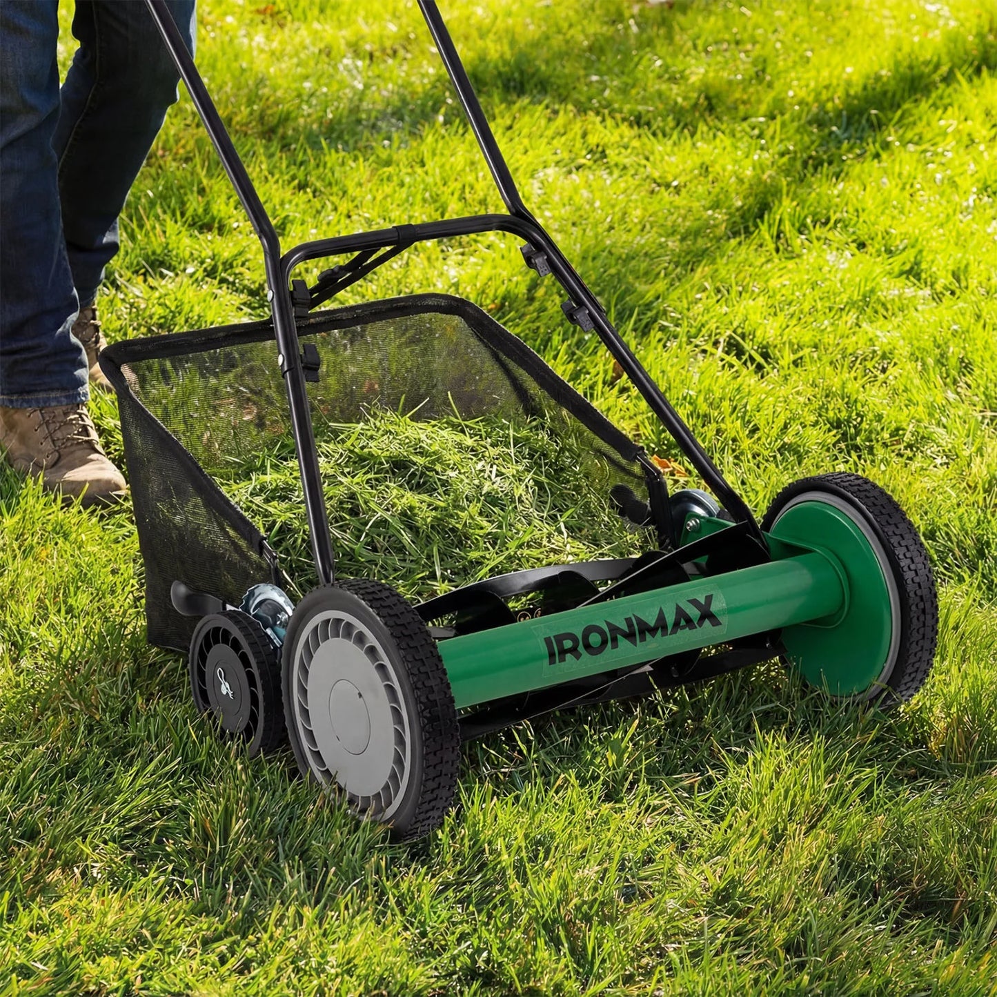 18 Inch Push Reel Lawn Mower 4-Position Adjustable with Removable Grass Catcher-Green