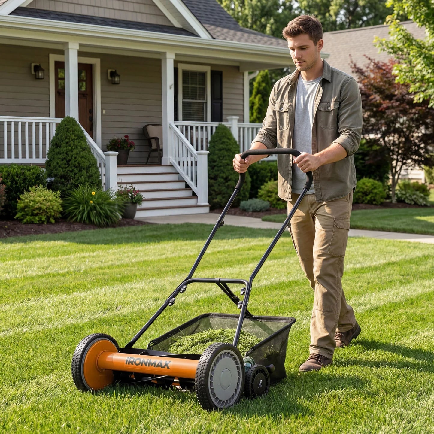 18 Inch Push Reel Lawn Mower 4-Position Adjustable with Removable Grass Catcher-Green