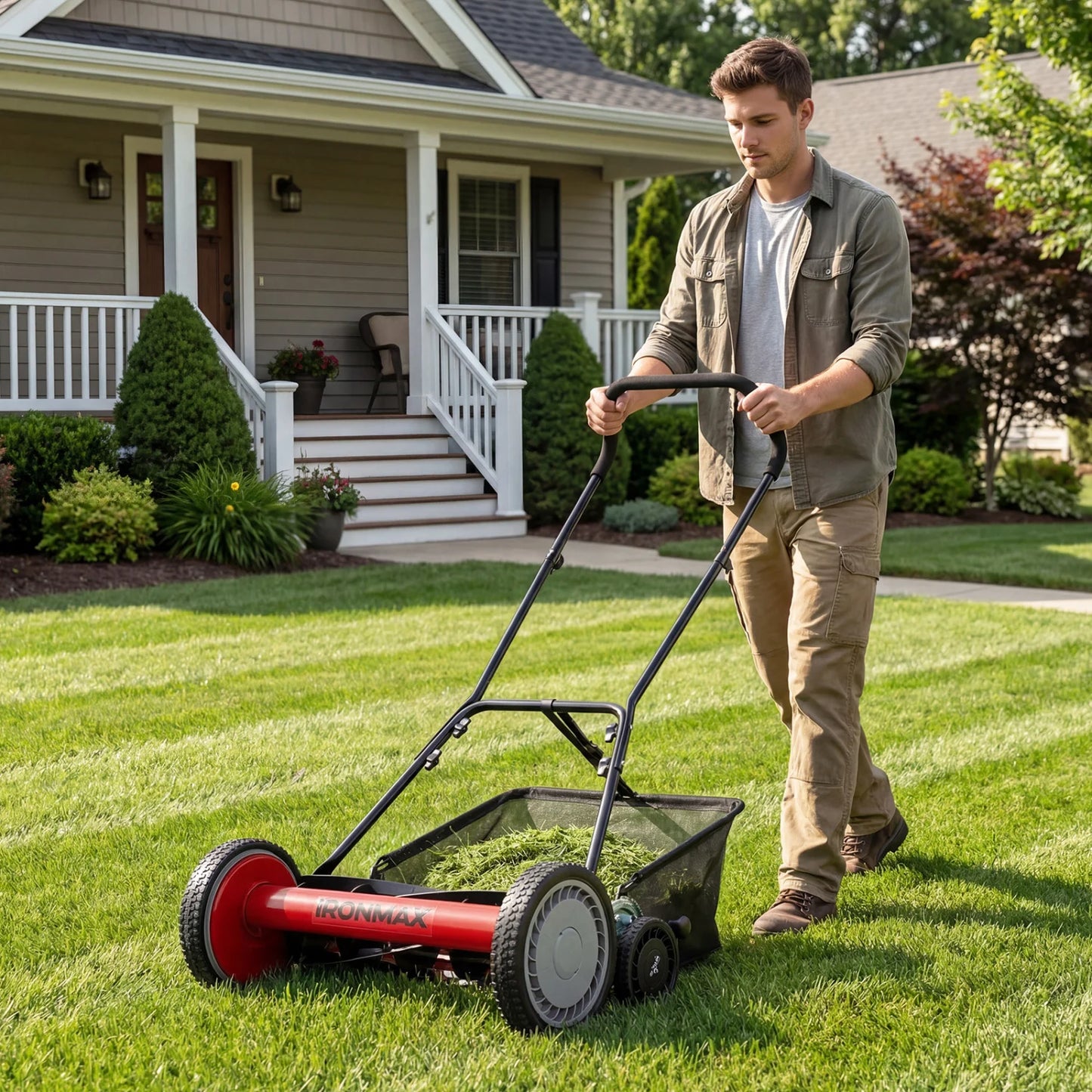 18 Inch Push Reel Lawn Mower 4-Position Adjustable with Removable Grass Catcher-Green