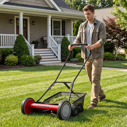 18 Inch Push Reel Lawn Mower 4-Position Adjustable with Removable Grass Catcher-Green