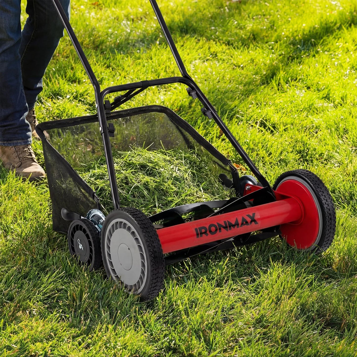 18 Inch Push Reel Lawn Mower 4-Position Adjustable with Removable Grass Catcher-Green