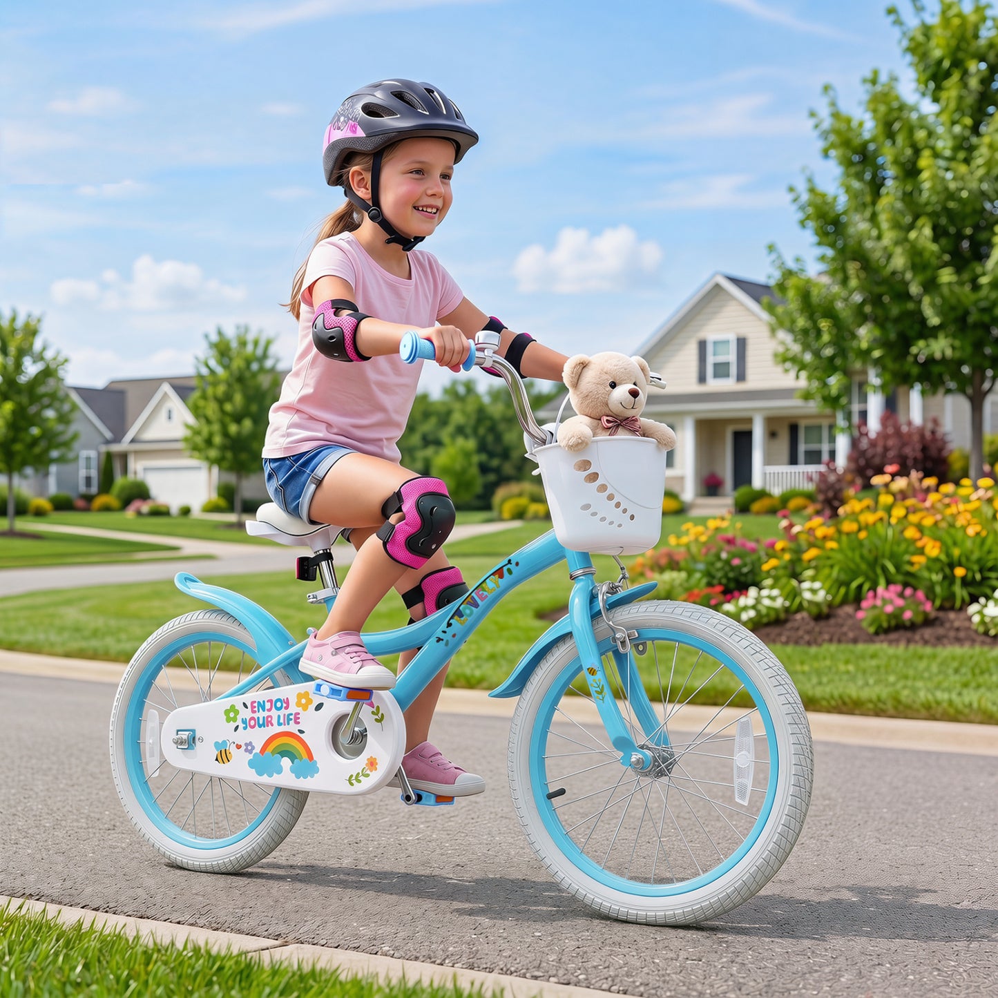 18 Inches Girls Bike for 4-8 Years Old with Basket - Spring Party Blue