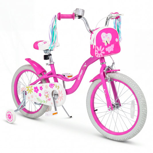 Pink 18-inch girls bike with front bag and streamers, designed for children aged 4-8 years, by Direct by Wilsons Home Store.