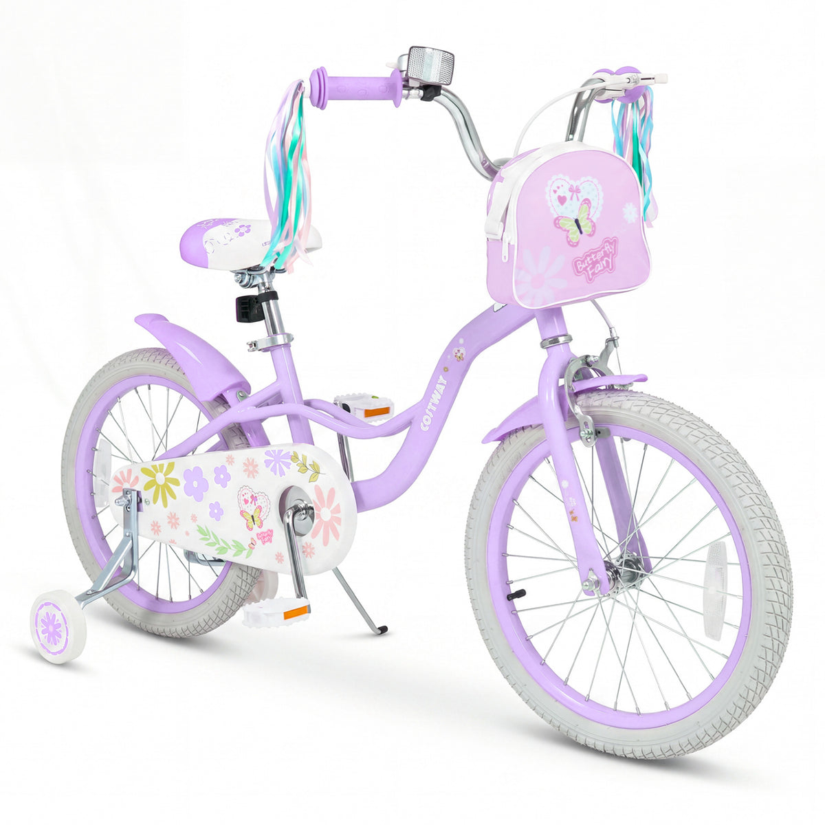 18 Inches Girls Bike with Front Bag and Streamers for 4-8 Years Purple