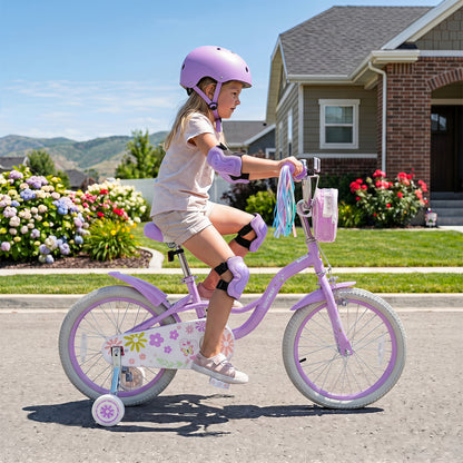 18 Inches Girls Bike with Front Bag and Streamers for 4-8 Years Purple