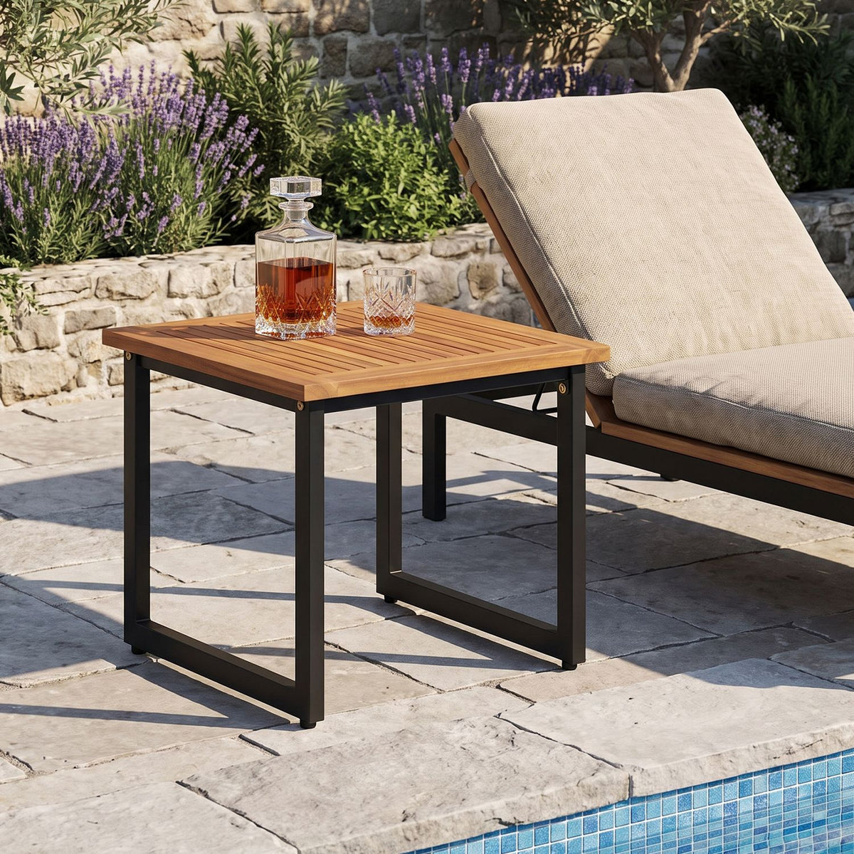 Set of 2 18-inch square acacia wood outdoor patio side tables with slatted tops, ideal for outdoor and patio use.