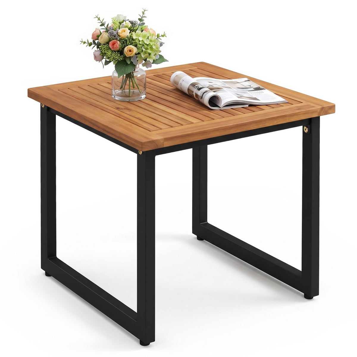 Pair of 18-inch square acacia wood outdoor patio side tables with slatted tops, ideal for outdoor and patio use.