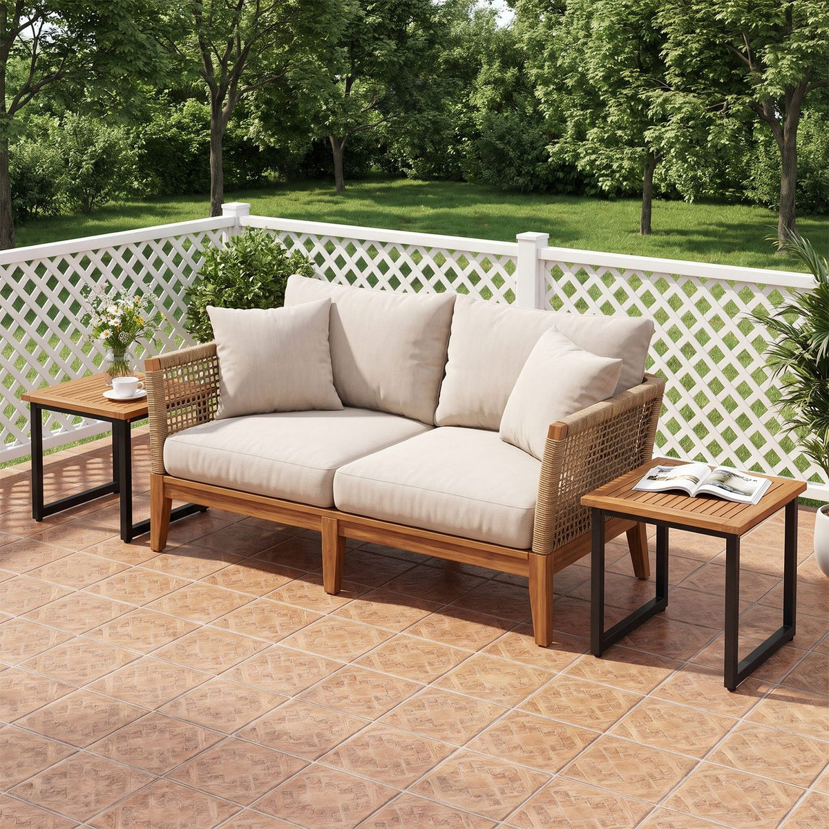 Pair of 18-inch square acacia wood outdoor patio side tables with slatted tops, perfect for outdoor and patio furniture.