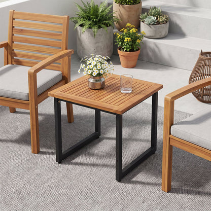 Set of two 18-inch square acacia wood outdoor patio side tables with slatted tops, perfect for outdoor patio spaces.
